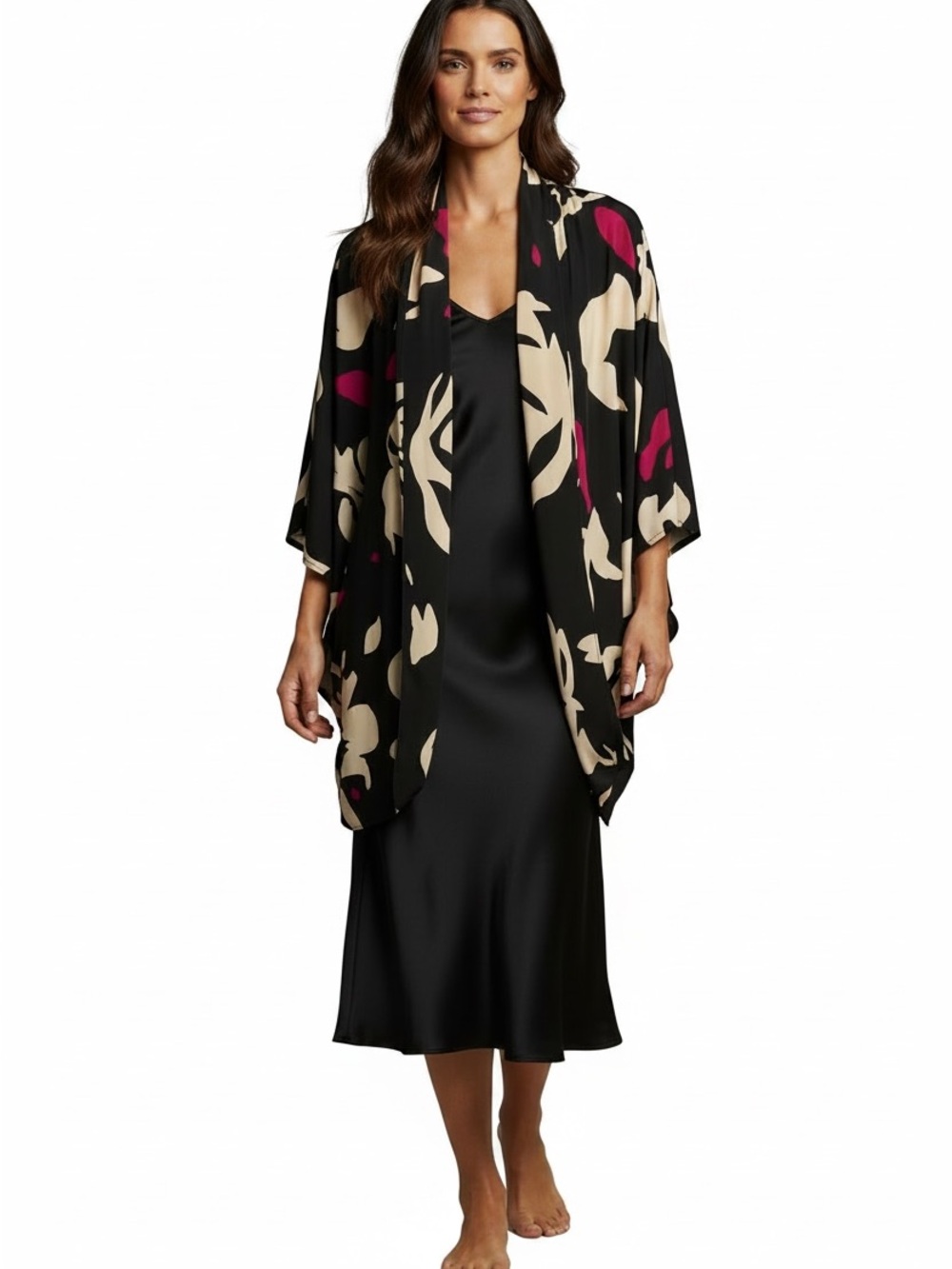 Floral Black and Cream Silk Kimono Cardigan